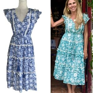 Kemble Shop CeCe Custom Blue & White Floral Pom Tie Waist Tiered Midi Dress - M